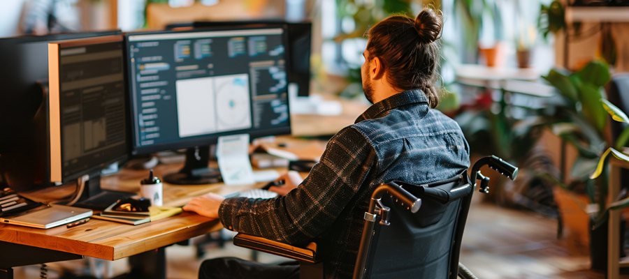A man on a wheelchair developing applications using one of the serverless computing examples.