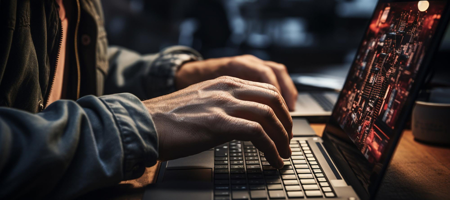 Hands of a developer topics code on a laptop.