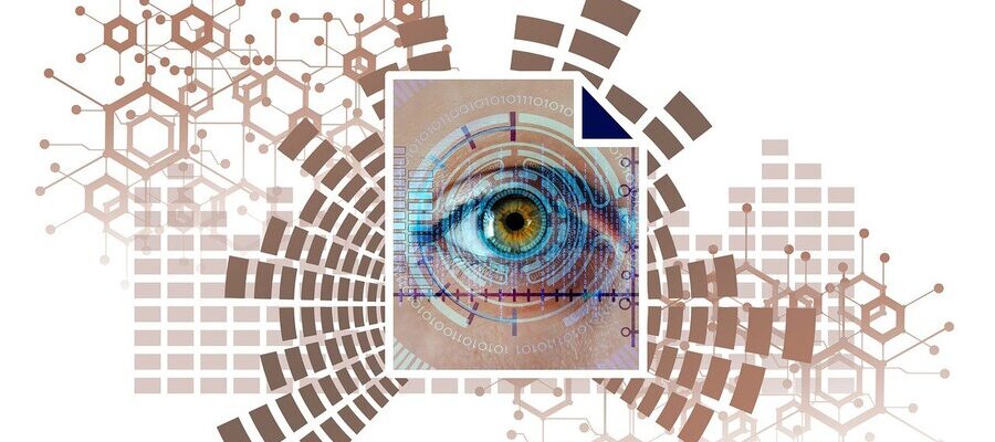 Digital information being collected and shown as graphics around a human eye. Iris info used to answer what is biometric authentication.