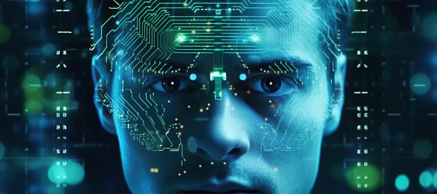 Facial recognition scanning being done on a man's face behind the scanner.