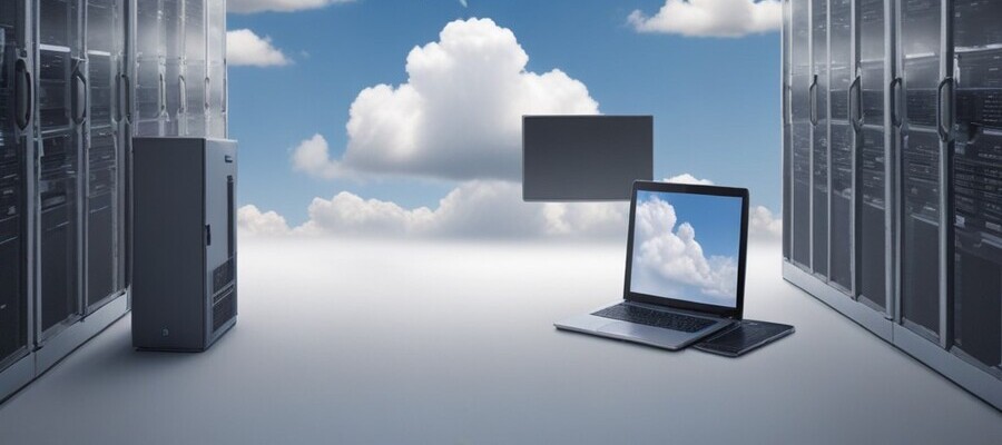 A cloud computing environment with servers and laptops in multi-cloud vs hybrid cloud.