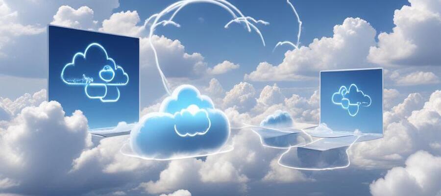 An illustration of virtual computer monitors around real clouds.