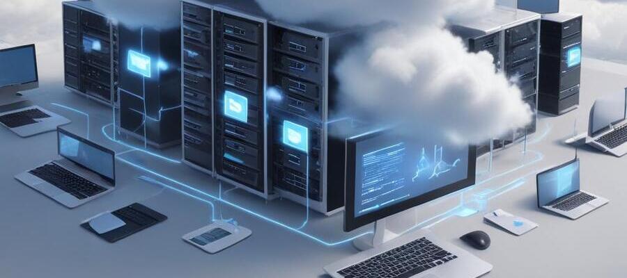 A cloud computing setting where laptops and other devices are connected to servers and to external cloud services.