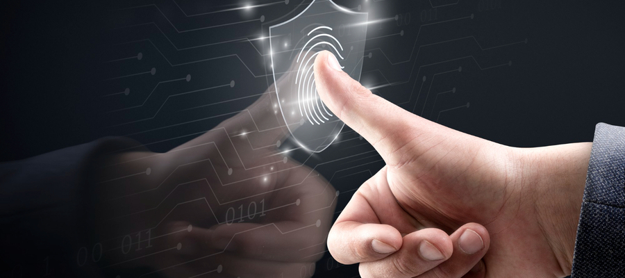 A man's thumb against a biometric verification system using zero trust pillars.