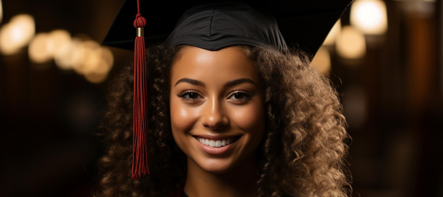 A female graduate wearing a cap and smiling after obtaining certification for artificial intelligence.