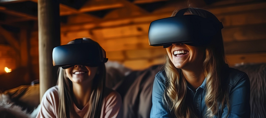 Mom and daughter watching an event created with augmented reality software.