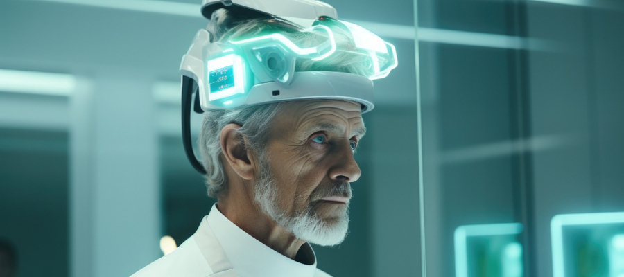 A medical practitioner wearing headgear the uses augmented reality software.