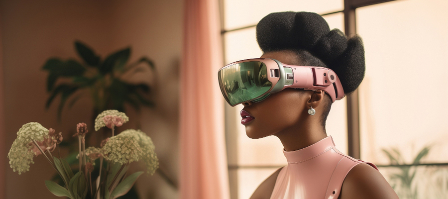 A woman immersed in a virtual living room room created with augmented reality software.