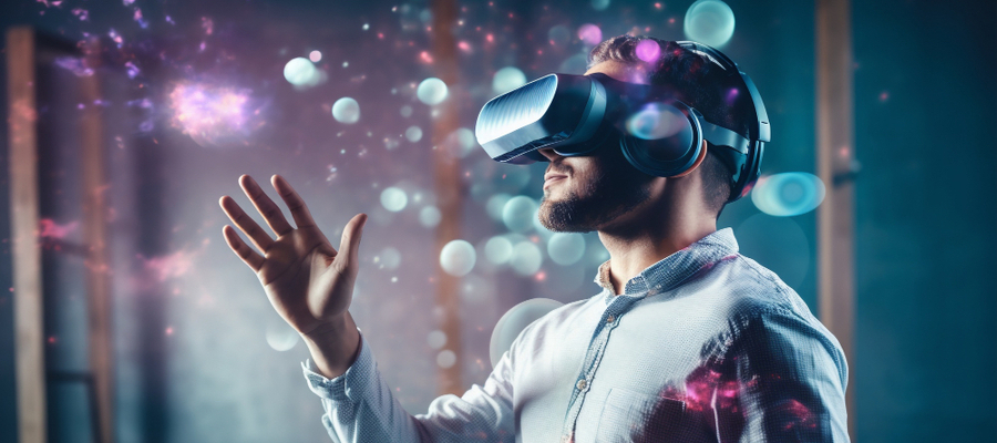 A man wearing goggles and interacting with bubbles in an augmented reality environment.