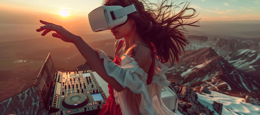 A female interacting with a music turntable and mixer overlayed with mountains.