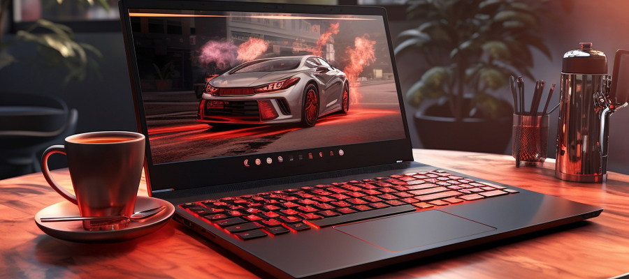 A laptop with an image of a car created with content creation software.