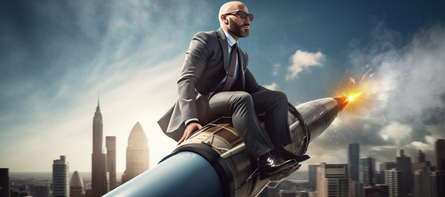 A businessman sitting on a rocket that symbolizes the launch of AI business ideas.