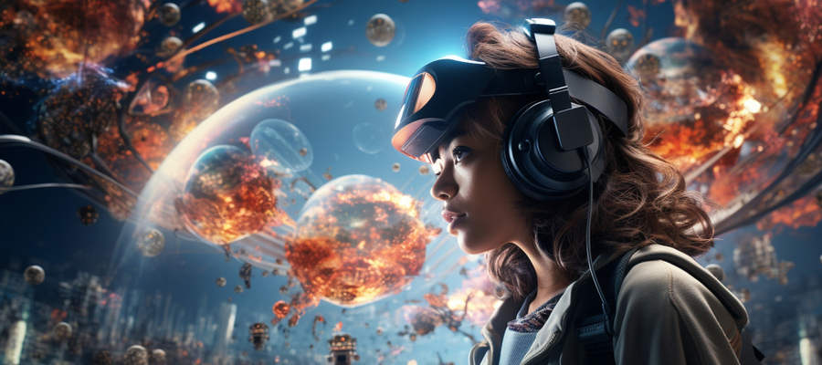 A young woman wearing AR gadgets is immersed in a futuristic AR environment.