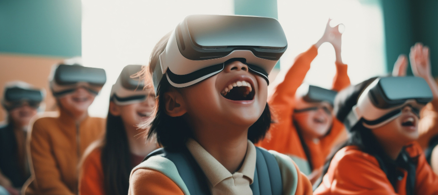 Young learners in a classroom enjoying being immersed in augmented reality in education.