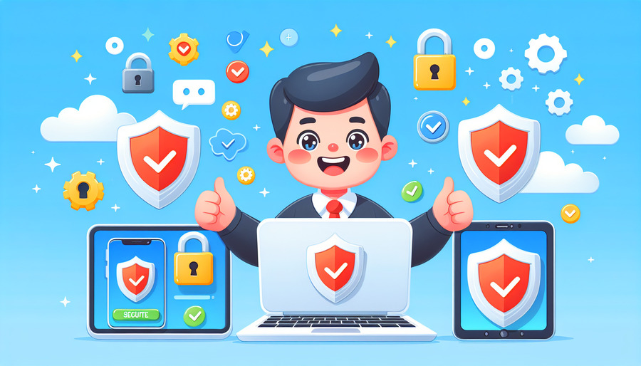 A cartoon showing a user installing Bitdefender protection on their devices.