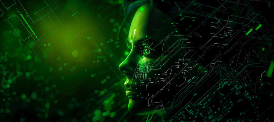 A threat intel platform illustrated as a green face of a woman with microchips for threat data data analysis