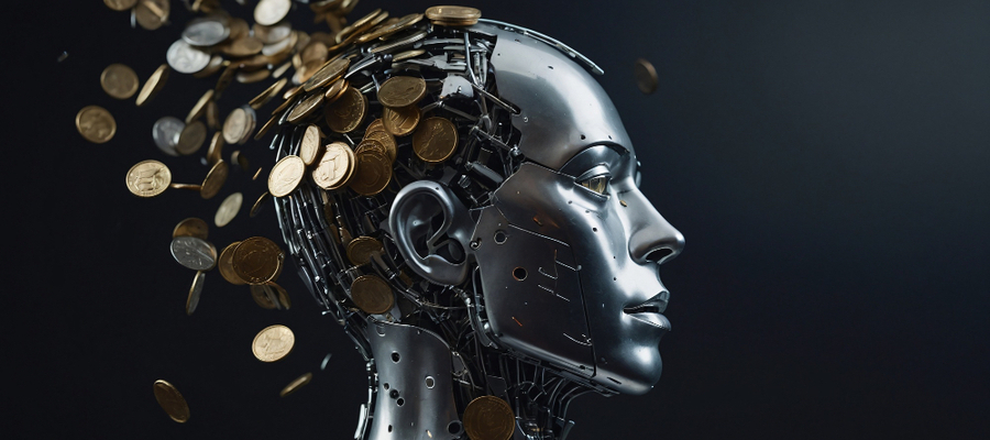 Illustration of a threat intel platform in the financial sector as coins at the back of a robot.