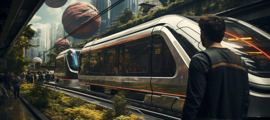 A man immersed in games with augmented reality along a virtual train and planet-like objects above it.