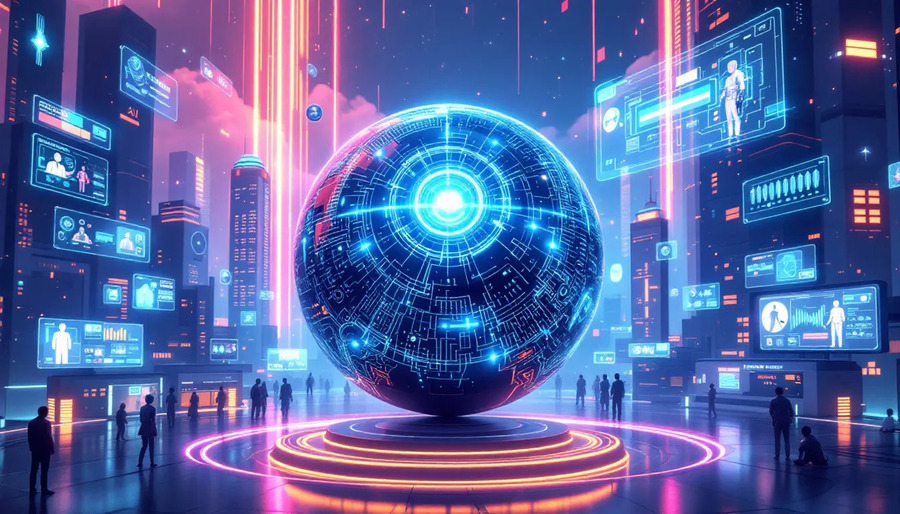 A futuristic vision of the potential of quantum AI in various fields.