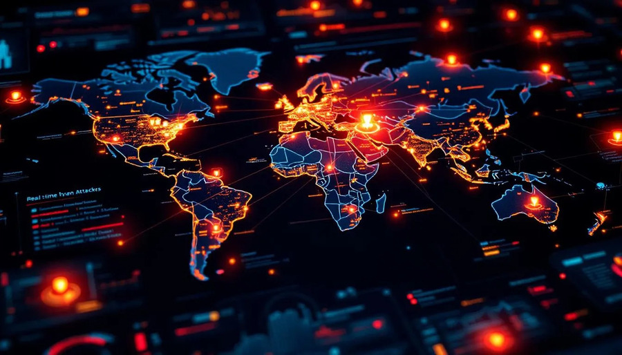 A visual representation of various cyber attacks happening in real-time on a map of internet attacks..