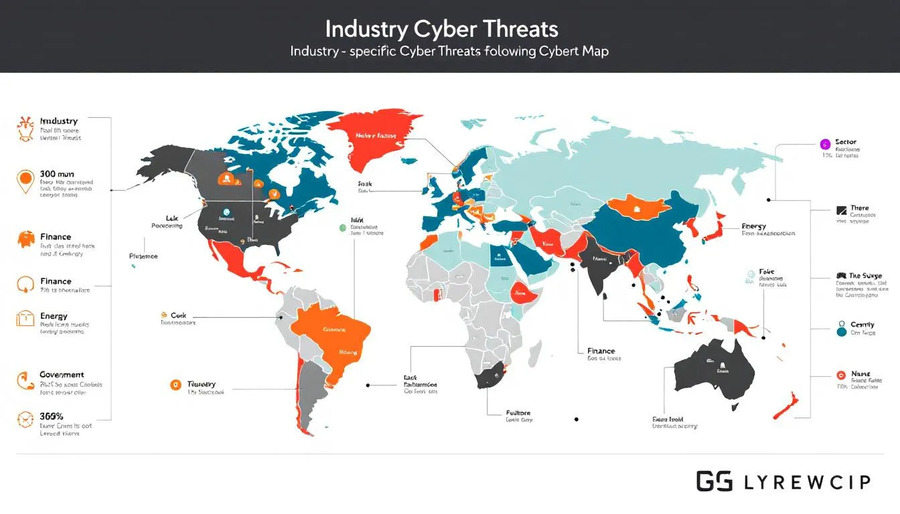 An infographic highlighting industry-specific cyber threats on a threat map.